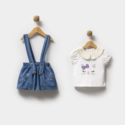 Kız Çocuk Askılı Denim Etekli 2'li Takım