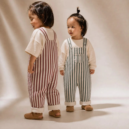 Unisex Bebek Çizgili Pamuklu Salopet / Tulum (Bordo/Yeşil)