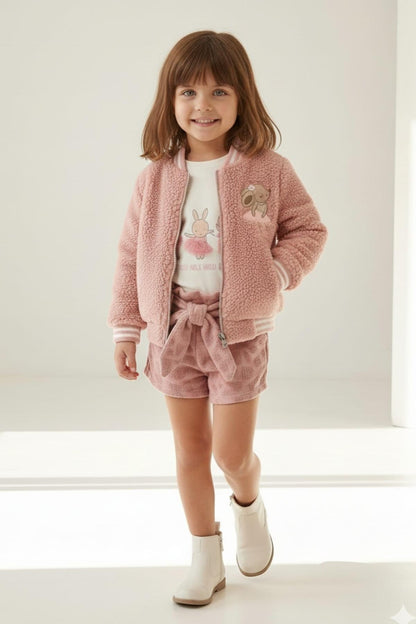 Kız Bebek Tavşan Nakışlı Peluş Mont - Pembe - 1
