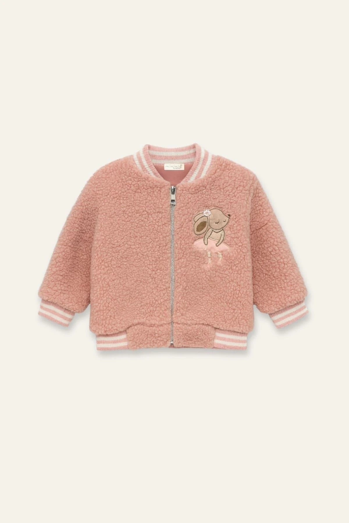 Kız Bebek Tavşan Nakışlı Peluş Mont - Pembe - 2
