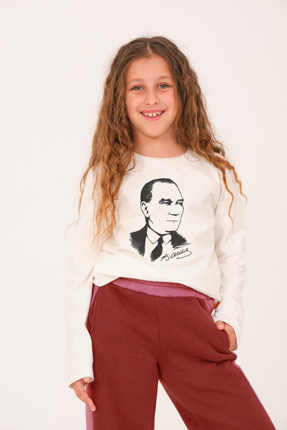 Unisex Çocuk Atatürk Baskılı Uzun Kollu Beyaz T-shirt - 1
